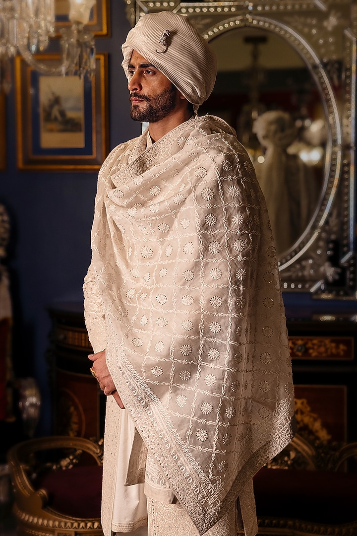 Cloud White Raw Silk Hand Embroidered Groom Sherwani Set by Dolly J MAN at Pernia's Pop Up Shop
