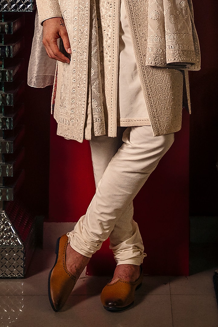 Cloud White Raw Silk Hand Embroidered Groom Sherwani Set by Dolly J MAN at Pernia's Pop Up Shop