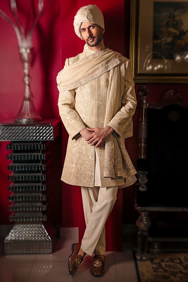 Fogg Green Raw Silk Hand Embroidered Groom Sherwani Set by Dolly J MAN at Pernia's Pop Up Shop