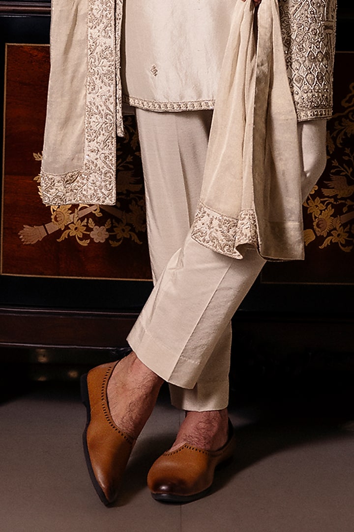 Frosted Mint Raw Silk Hand Embroidered Groom Sherwani Set by Dolly J MAN at Pernia's Pop Up Shop