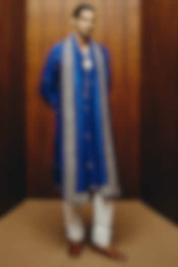 Royal Blue Silk Mirror Embroidered Kurta Set by Dolly J MAN at Pernia's Pop Up Shop