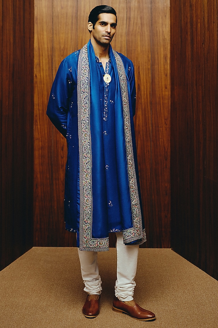 Royal Blue Silk Mirror Embroidered Kurta Set by Dolly J MAN at Pernia's Pop Up Shop
