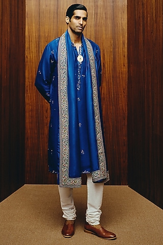 Royal Blue Silk Mirror Embroidered Kurta Set by Dolly J MAN