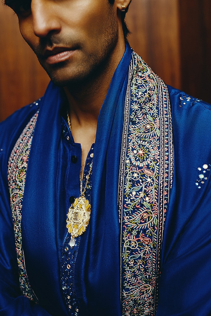 Royal Blue Silk Mirror Embroidered Kurta Set by Dolly J MAN at Pernia's Pop Up Shop