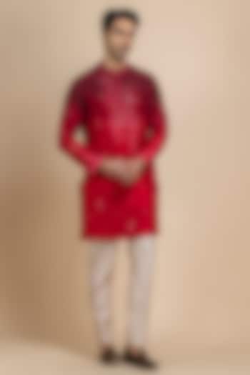 Dual Shade Deep Red Raw Silk Hand Embroidered Kurta Set by Dolly J MAN at Pernia's Pop Up Shop