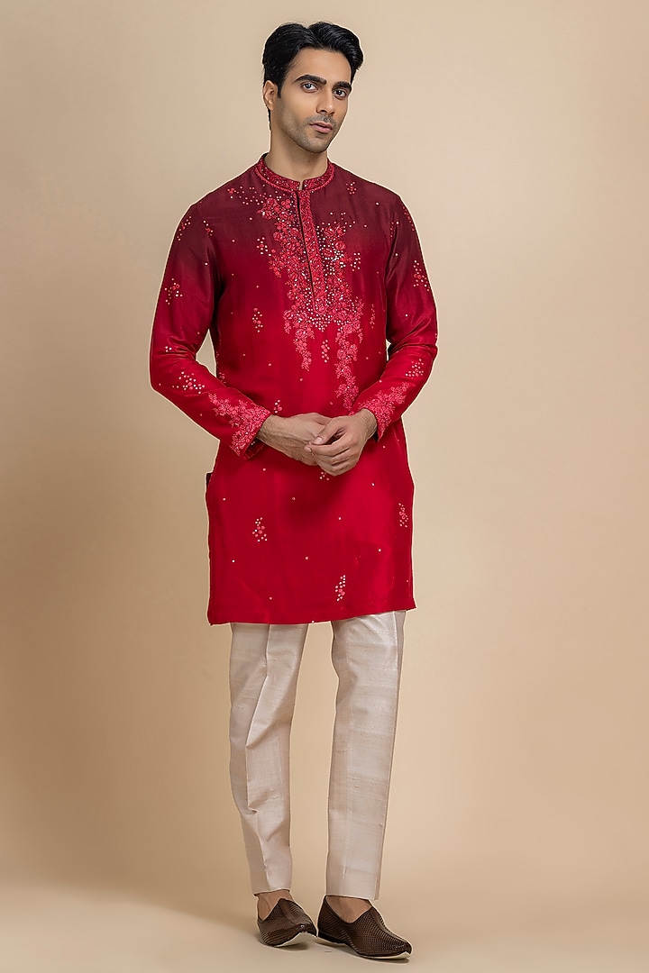 Dual Shade Deep Red Raw Silk Hand Embroidered Kurta Set by Dolly J MAN at Pernia's Pop Up Shop
