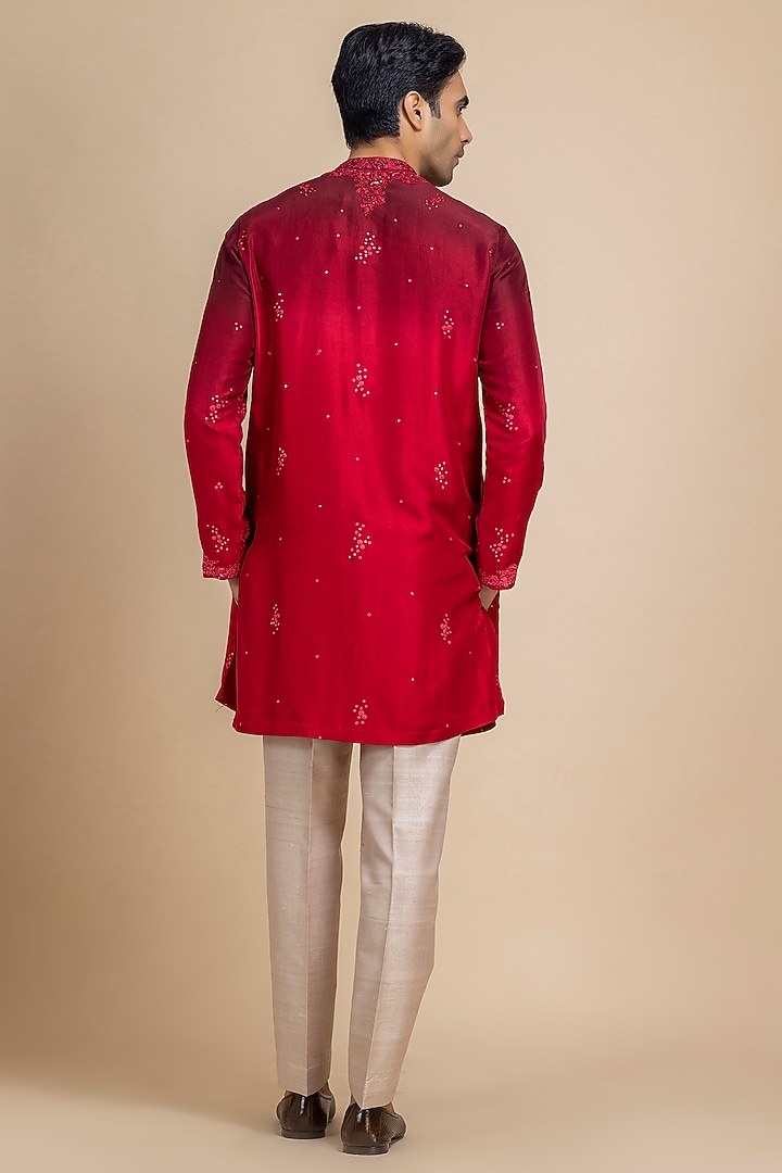 Dual Shade Deep Red Raw Silk Hand Embroidered Kurta Set by Dolly J MAN at Pernia's Pop Up Shop