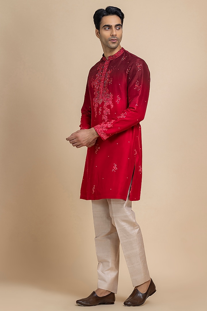 Dual Shade Deep Red Raw Silk Hand Embroidered Kurta Set by Dolly J MAN at Pernia's Pop Up Shop