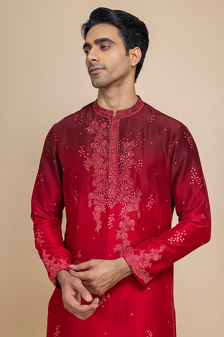 Dual Shade Deep Red Raw Silk Hand Embroidered Kurta Set by Dolly J MAN at Pernia's Pop Up Shop