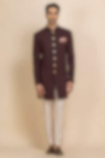 Deep Maroon Twill Achkan Set by Dolly J MAN at Pernia's Pop Up Shop