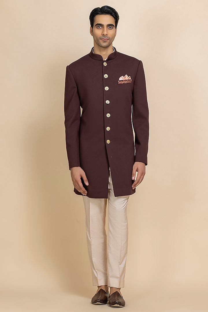 Deep Maroon Twill Achkan Set by Dolly J MAN at Pernia's Pop Up Shop