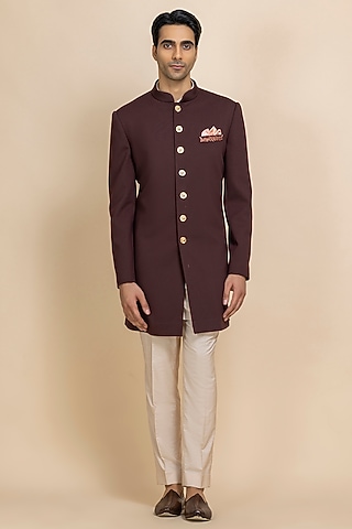 Deep Maroon Twill Achkan Set by Dolly J MAN