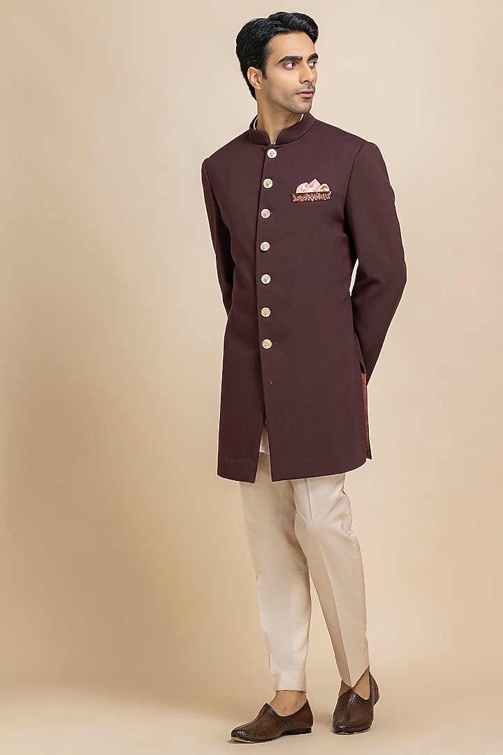 Deep Maroon Twill Achkan Set by Dolly J MAN at Pernia's Pop Up Shop