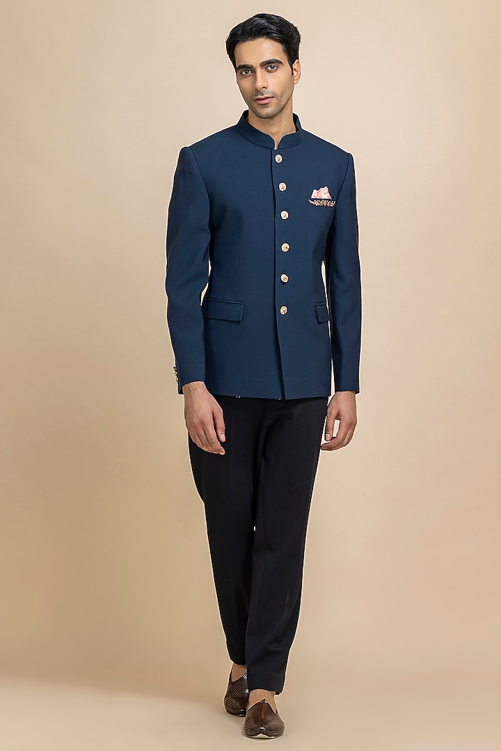 Navy Blue Twill Wedding Bandhgala Set by Dolly J MAN at Pernia's Pop Up Shop