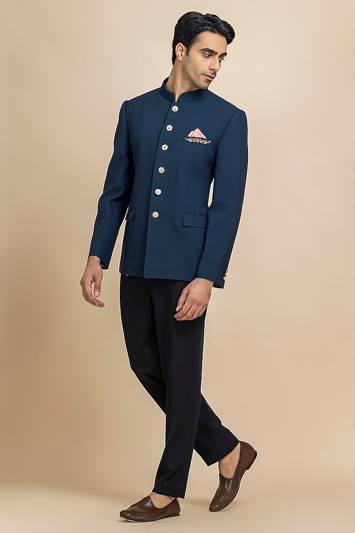 Navy Blue Twill Wedding Bandhgala Set by Dolly J MAN at Pernia's Pop Up Shop
