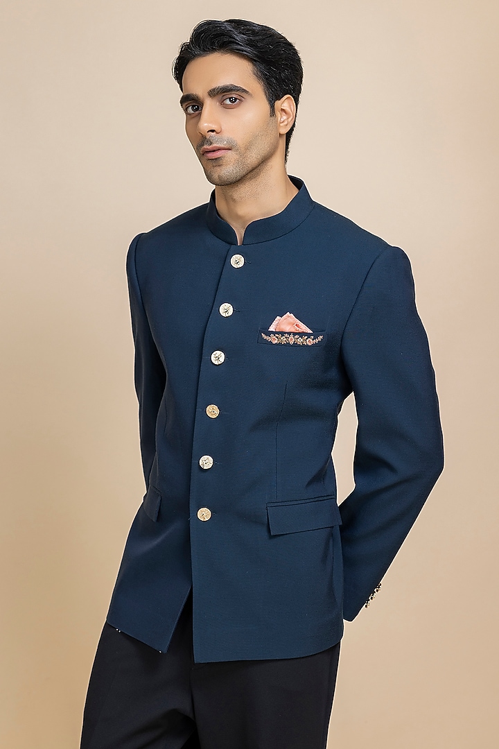 Navy Blue Twill Wedding Bandhgala Set by Dolly J MAN at Pernia's Pop Up Shop