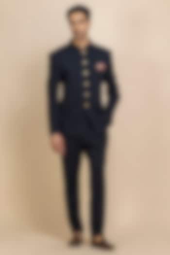 Dark Blue Twill Wedding Bandhgala Set by Dolly J MAN at Pernia's Pop Up Shop