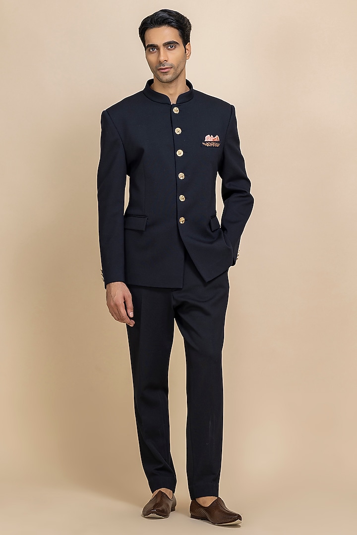 Dark Blue Twill Wedding Bandhgala Set by Dolly J MAN at Pernia's Pop Up Shop