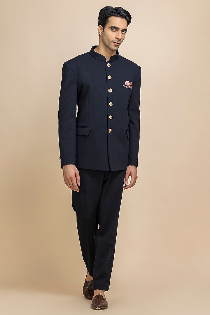 Dark Blue Twill Wedding Bandhgala Set by Dolly J MAN at Pernia's Pop Up Shop