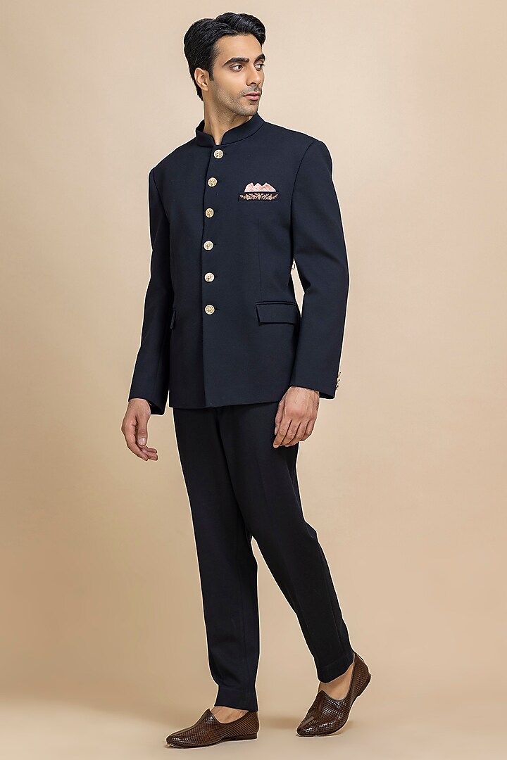 Dark Blue Twill Wedding Bandhgala Set by Dolly J MAN at Pernia's Pop Up Shop