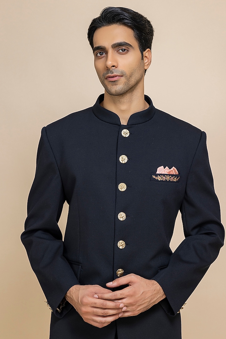 Dark Blue Twill Wedding Bandhgala Set by Dolly J MAN at Pernia's Pop Up Shop