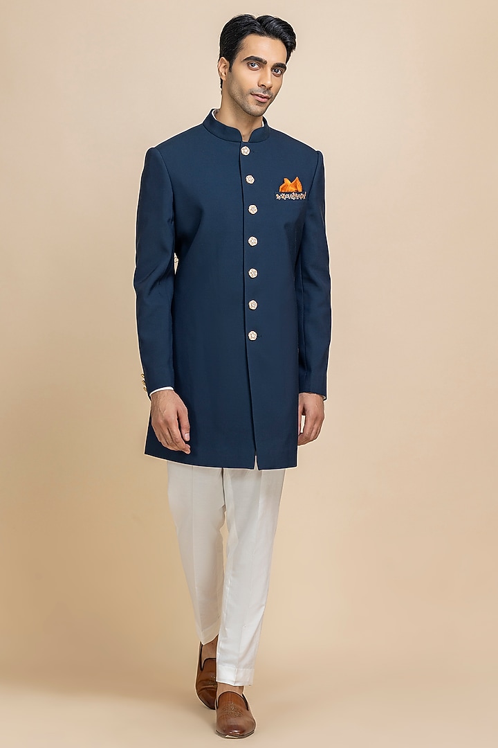 Navy Blue Twill Achkan Set by Dolly J MAN at Pernia's Pop Up Shop