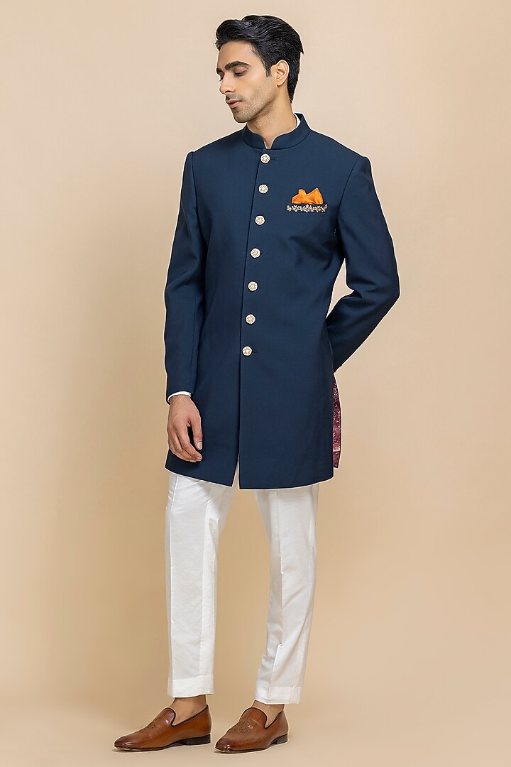 Navy Blue Twill Achkan Set by Dolly J MAN at Pernia's Pop Up Shop