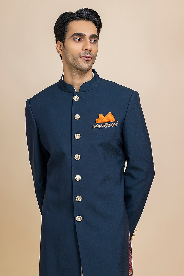 Navy Blue Twill Achkan Set by Dolly J MAN at Pernia's Pop Up Shop