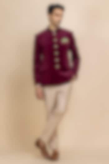 Cherry Red Velvet Wedding Bandhgala Set by Dolly J MAN at Pernia's Pop Up Shop