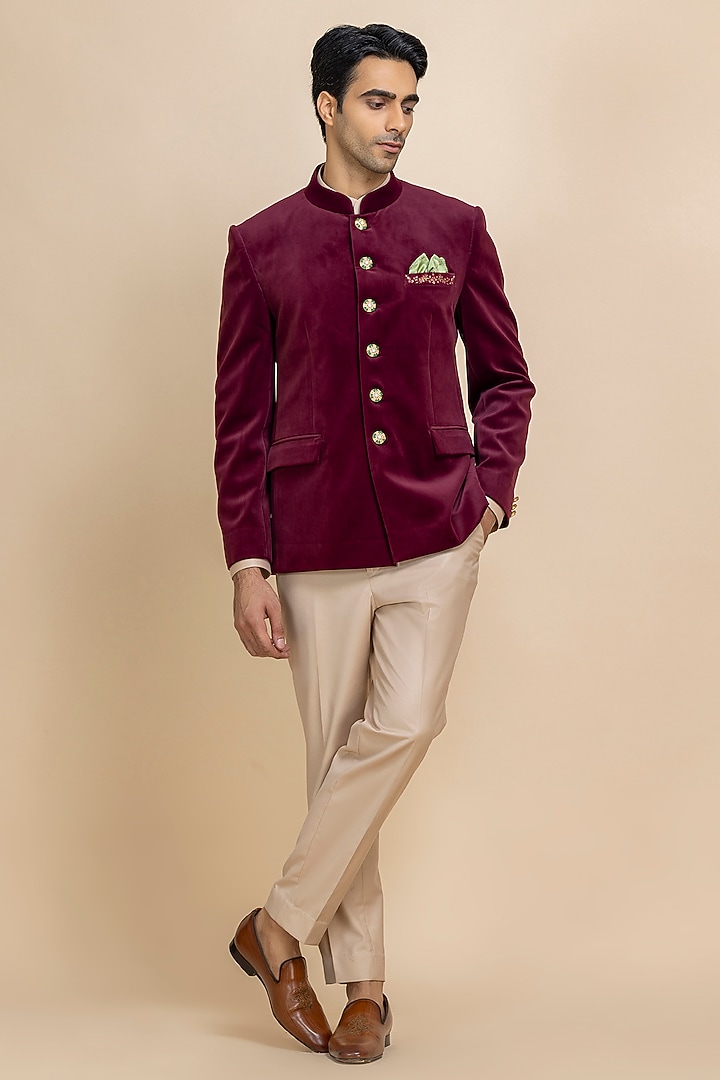 Cherry Red Velvet Wedding Bandhgala Set by Dolly J MAN at Pernia's Pop Up Shop