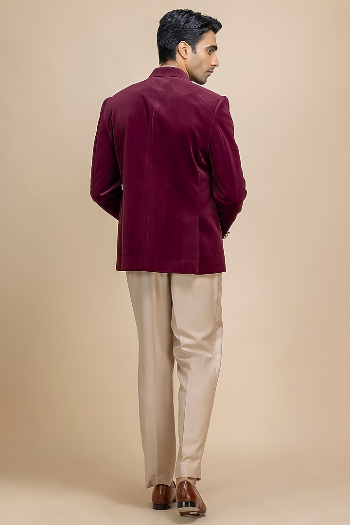 Cherry Red Velvet Wedding Bandhgala Set by Dolly J MAN at Pernia's Pop Up Shop