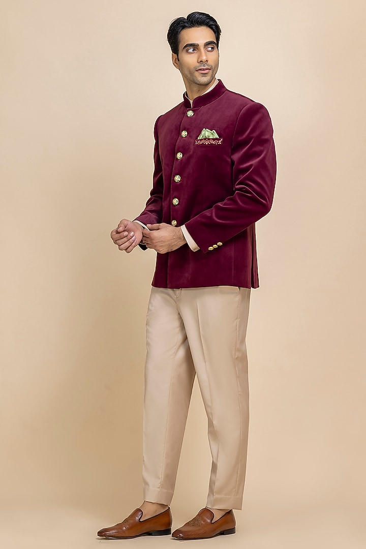 Cherry Red Velvet Wedding Bandhgala Set by Dolly J MAN at Pernia's Pop Up Shop