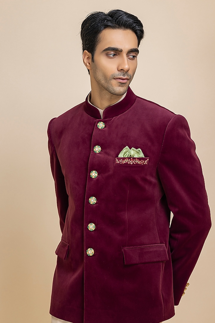 Cherry Red Velvet Wedding Bandhgala Set by Dolly J MAN at Pernia's Pop Up Shop