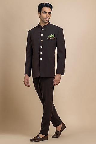 Dark Brown Twill Bandhgala Set by Dolly J MAN