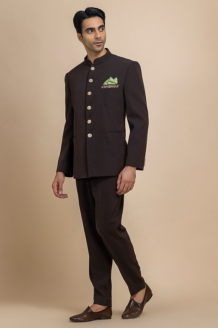 Dark Brown Twill Wedding Bandhgala Set by Dolly J MAN at Pernia's Pop Up Shop
