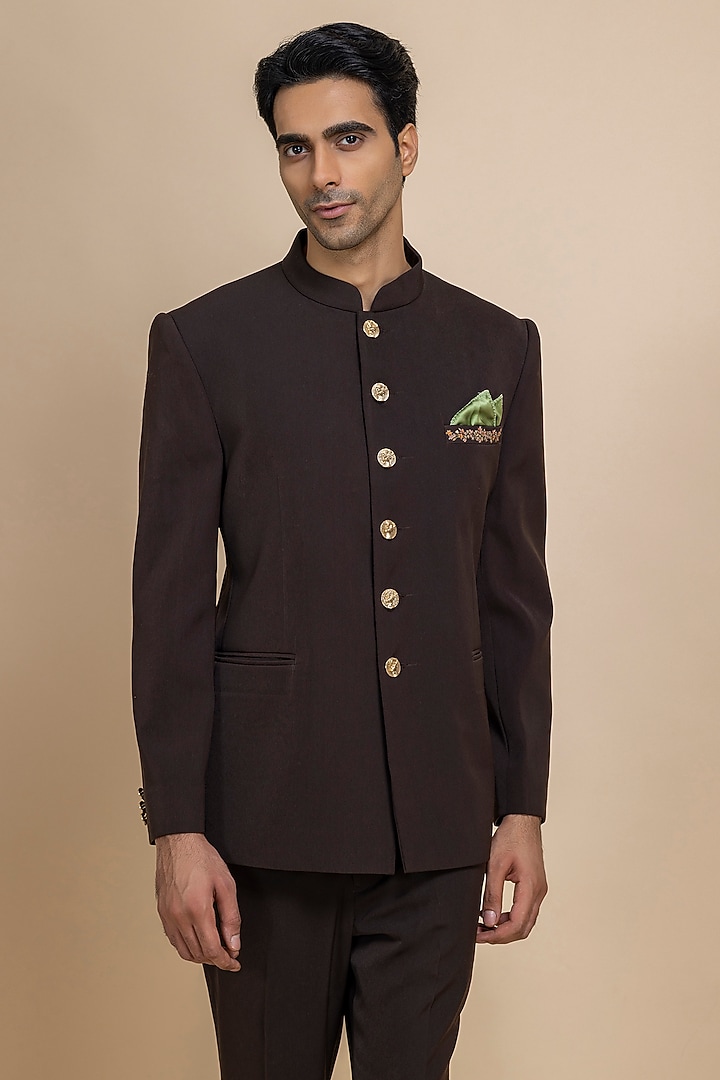 Dark Brown Twill Wedding Bandhgala Set by Dolly J MAN at Pernia's Pop Up Shop