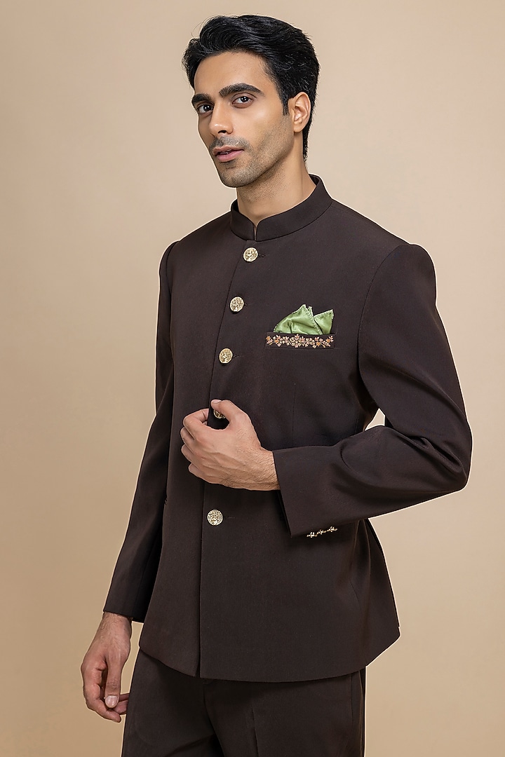 Dark Brown Twill Wedding Bandhgala Set by Dolly J MAN at Pernia's Pop Up Shop