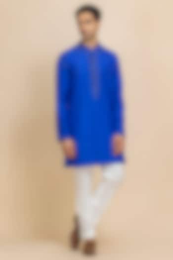 Celestial Blue Silk Hand Embroidered Kurta Set by Dolly J MAN at Pernia's Pop Up Shop