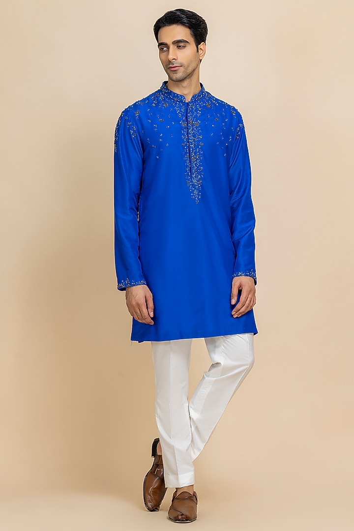Celestial Blue Silk Hand Embroidered Kurta Set by Dolly J MAN at Pernia's Pop Up Shop