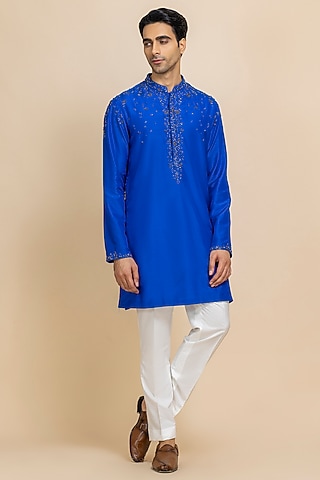 Celestial Blue Silk Hand Embroidered Kurta Set by Dolly J MAN