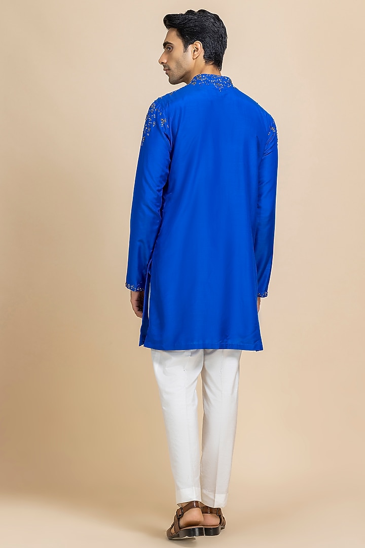 Celestial Blue Silk Hand Embroidered Kurta Set by Dolly J MAN at Pernia's Pop Up Shop