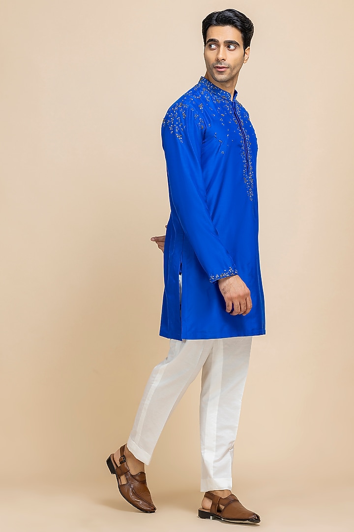 Celestial Blue Silk Hand Embroidered Kurta Set by Dolly J MAN at Pernia's Pop Up Shop