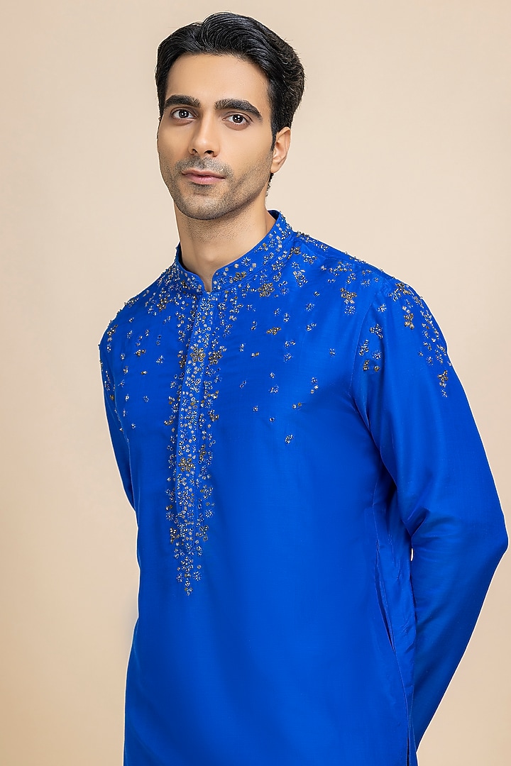 Celestial Blue Silk Hand Embroidered Kurta Set by Dolly J MAN at Pernia's Pop Up Shop