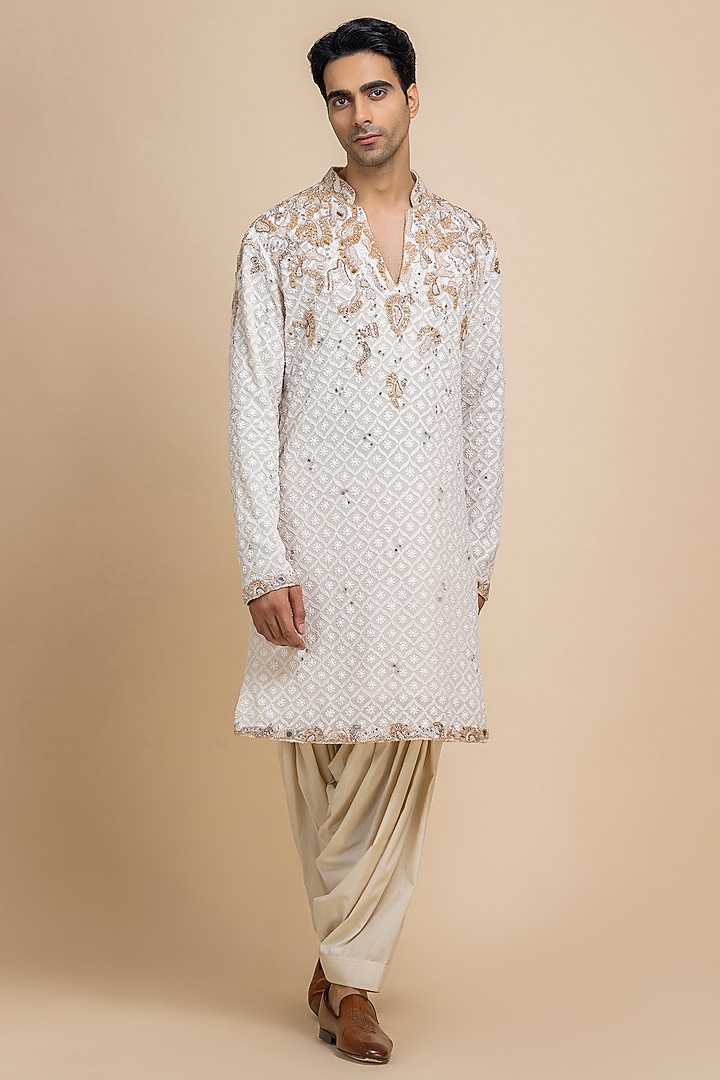 Ivory Chikankari Hand Embroidered Kurta Set by Dolly J MAN at Pernia's Pop Up Shop