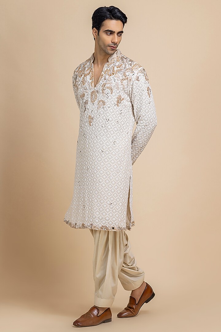 Ivory Chikankari Hand Embroidered Kurta Set by Dolly J MAN at Pernia's Pop Up Shop