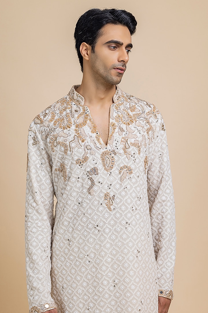 Ivory Chikankari Hand Embroidered Kurta Set by Dolly J MAN at Pernia's Pop Up Shop
