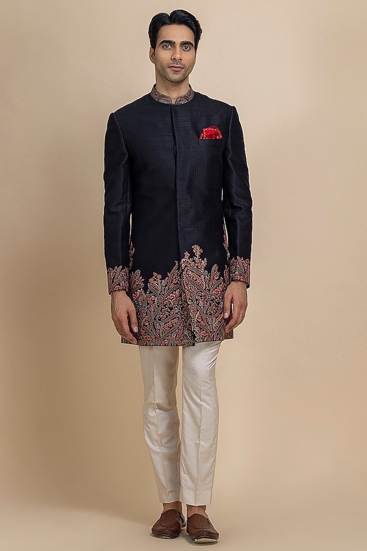 Black Raw Silk Hand Embroidered Achkan Set by Dolly J MAN at Pernia's Pop Up Shop