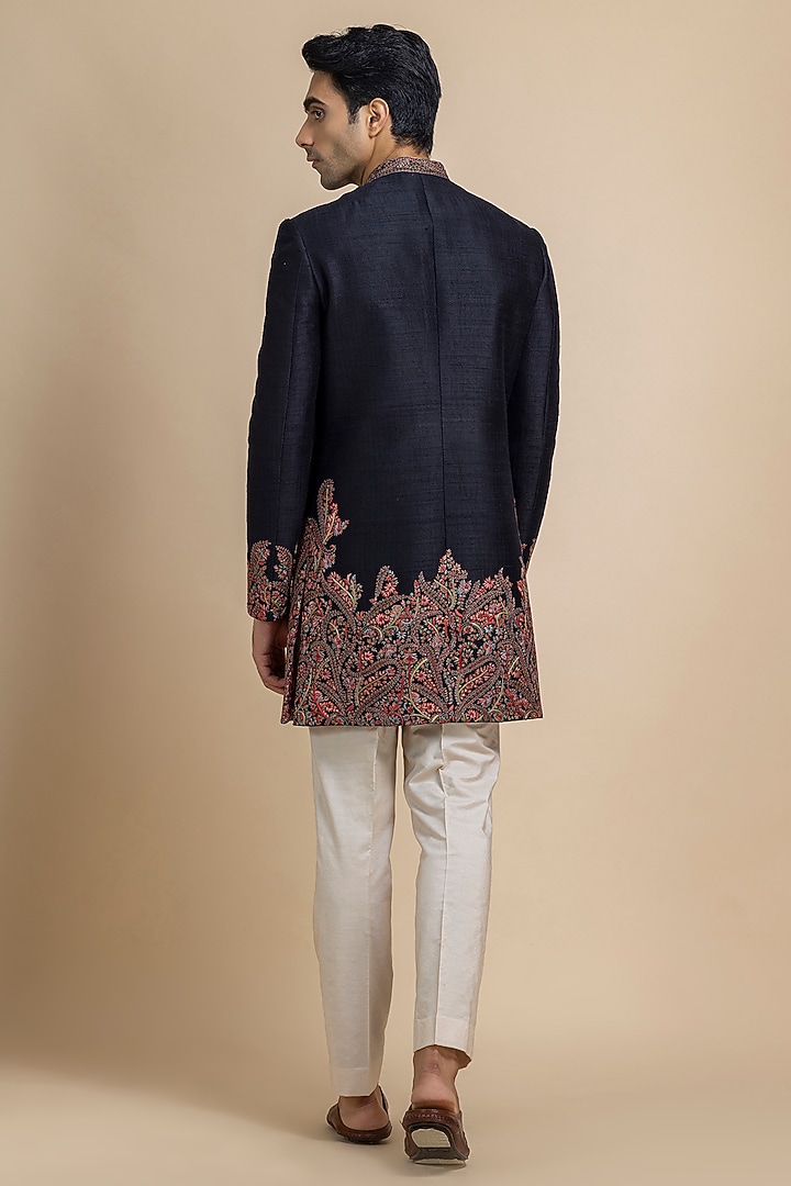 Black Raw Silk Hand Embroidered Achkan Set by Dolly J MAN at Pernia's Pop Up Shop