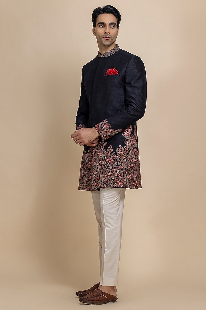 Black Raw Silk Hand Embroidered Achkan Set by Dolly J MAN at Pernia's Pop Up Shop