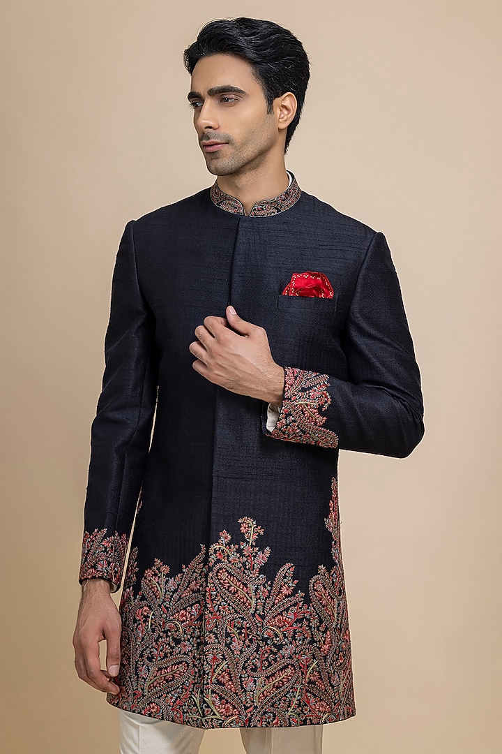 Black Raw Silk Hand Embroidered Achkan Set by Dolly J MAN at Pernia's Pop Up Shop